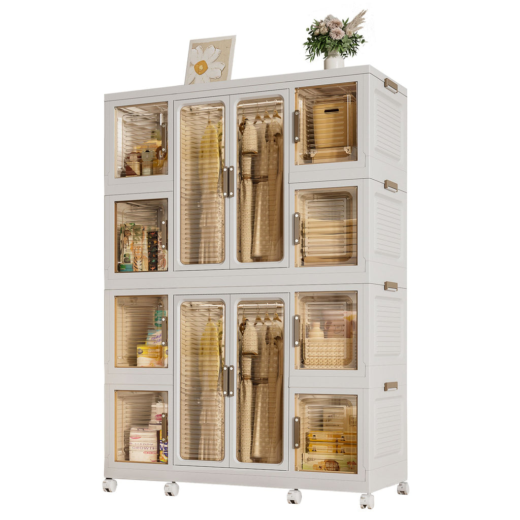 Portable Wardrobe Closet Storage Organizer for Clothes,Clothes Dresser,12 Magnetic Doors-12 Cubes & 2 Hanging Rod,16 pcs hangers , Baby Wardrobe Storage Cabinet,White