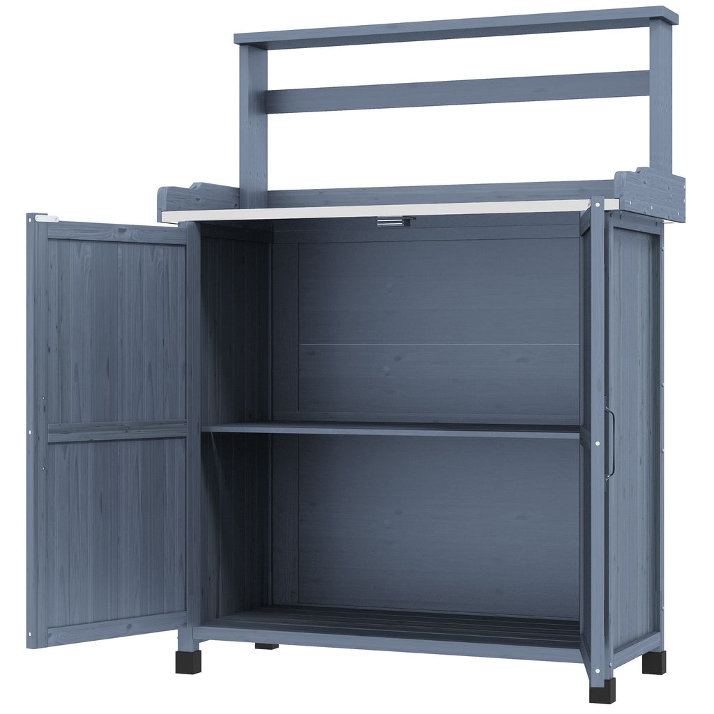 Potting Bench Outdoor Wooden with Storage Cabinet Shelf Galvanized Tabletop Gray for Backyard