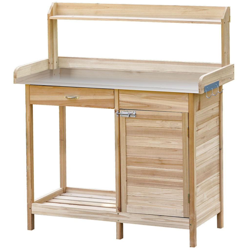 Potting Bench Table Natural Wood with Storage Cabinet Open Shelf Steel Tabletop Garden Station