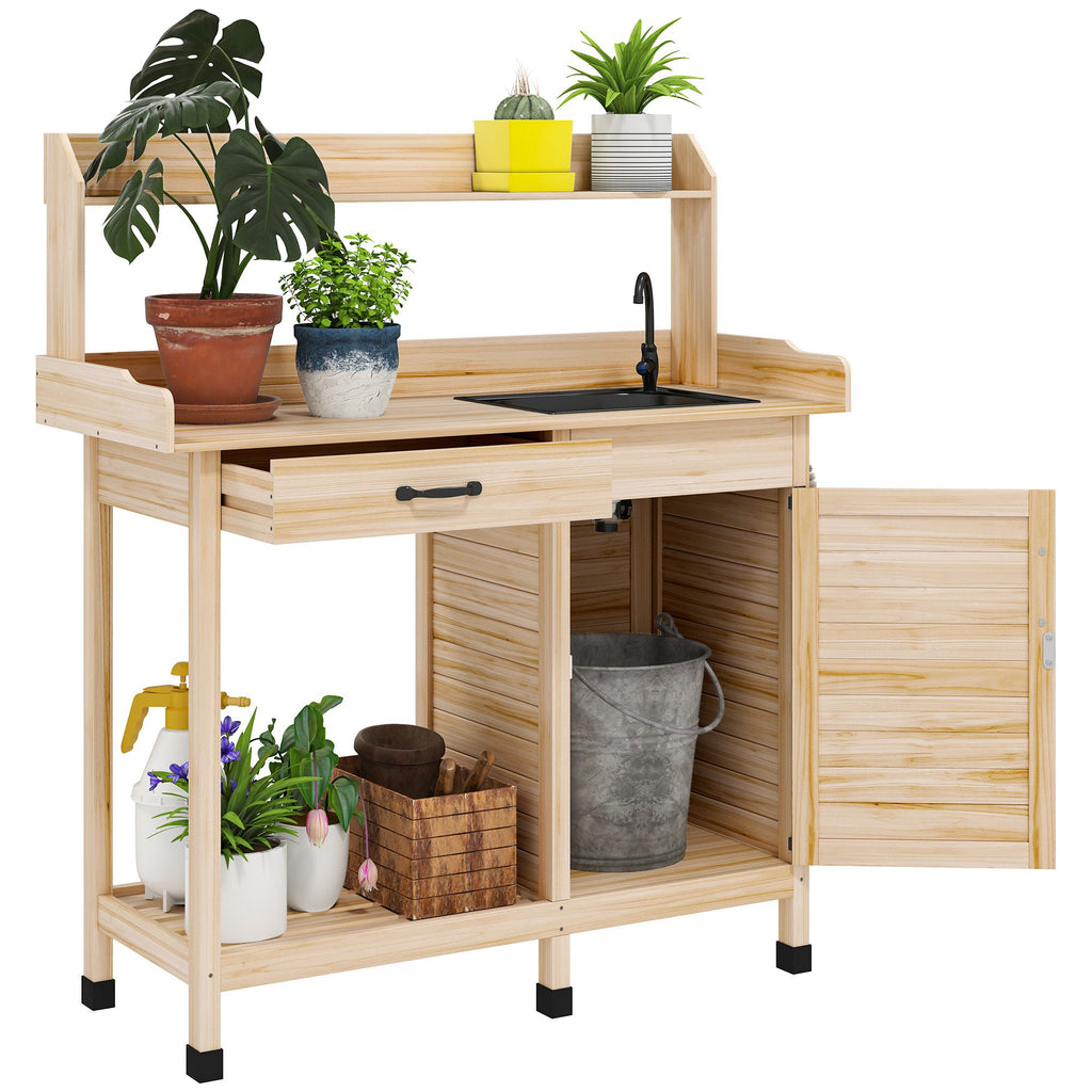 Potting Bench Table with Sink, Outdoor Work Bench Table with Storage Cabinet and Hooks, for Greenhouse, Garden, Patio, Natural Wood