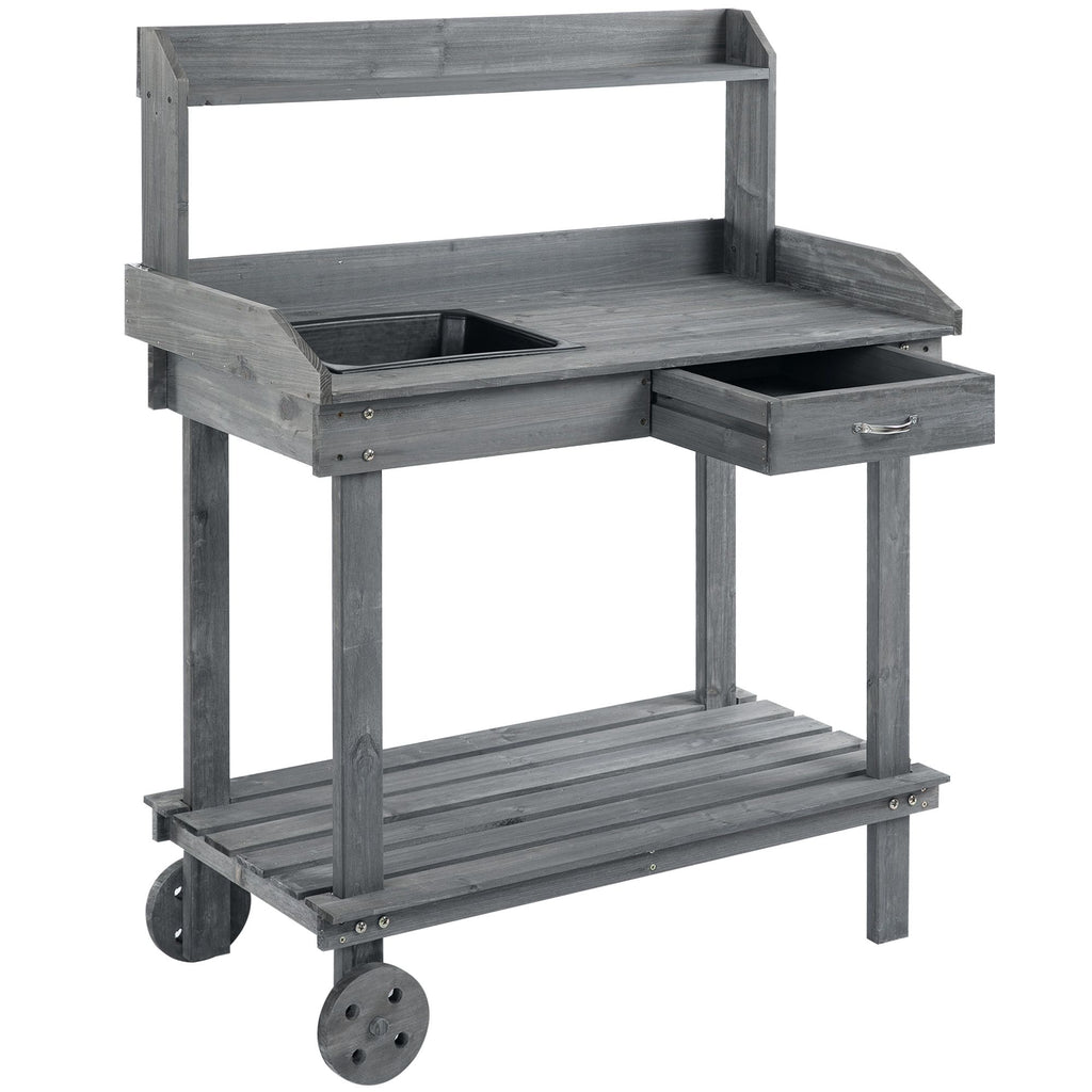 Potting Bench with Wheels Sink Drawer Storage Spaces Wooden Gray