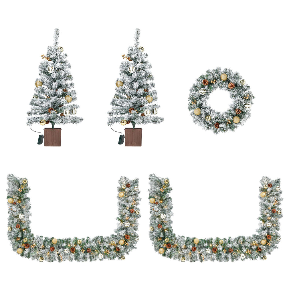 Pre-lit Holiday Christmas 4-Piece Set, Christmas Garland, Wreath and Set of 2 Entrance Trees with Warm White LED Lights and Remote Control, Artificial Christmas Tree Celebrating Set, Snowy Green