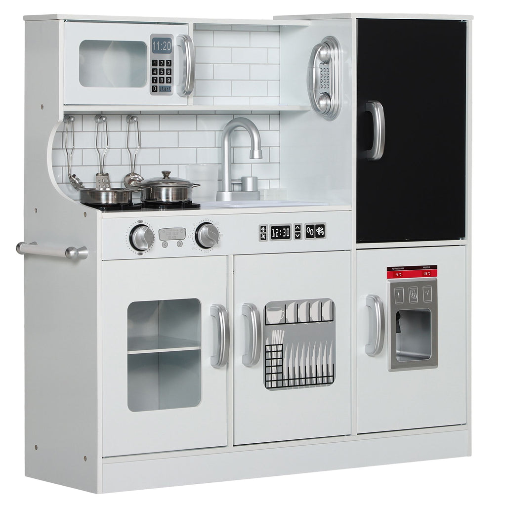 Pretend Play Kitchen, Kids Kitchen Playset with Play Phone, Chalkboard, Towel Rack & Ice Maker for 3-8 Years White