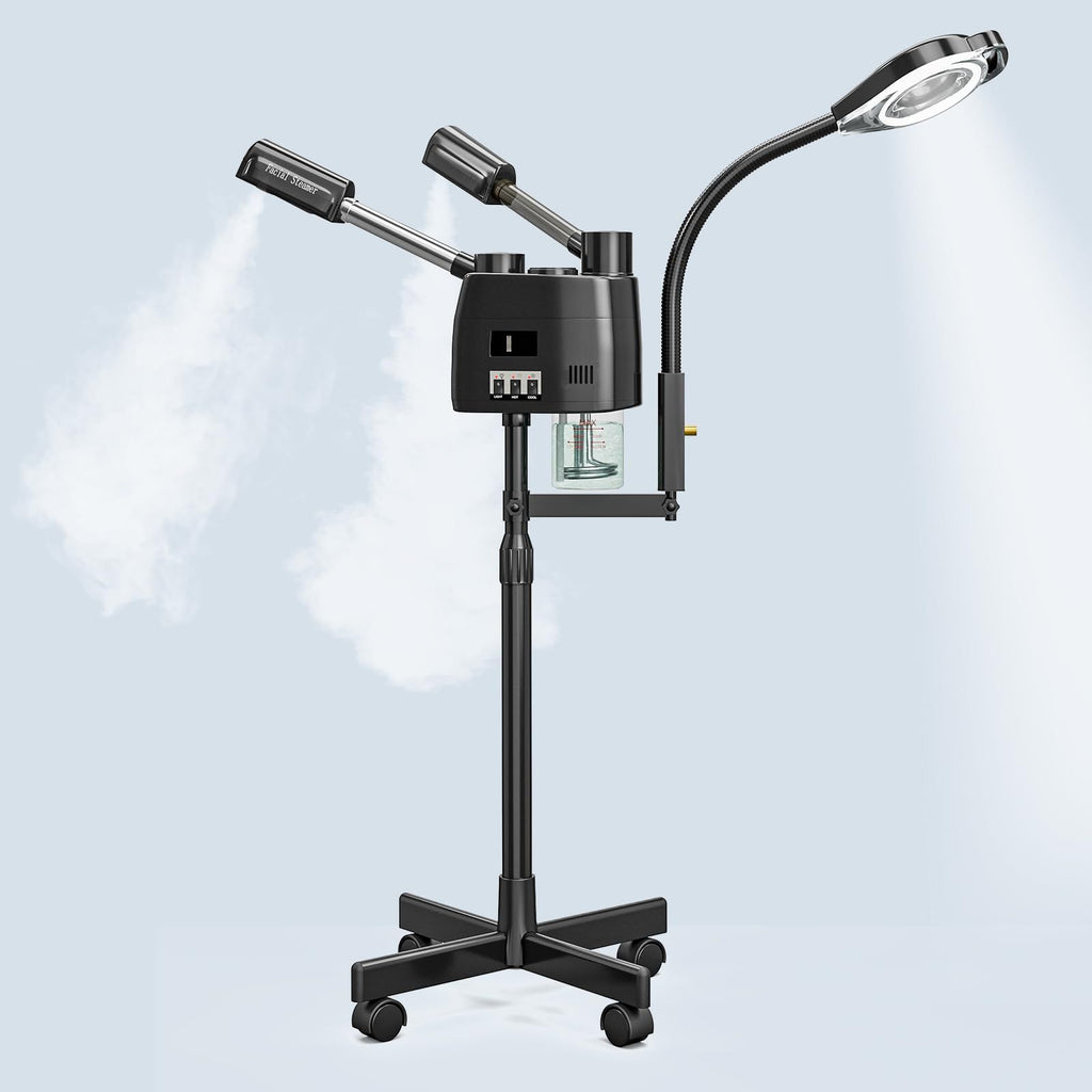 Professional 3 in 1 Facial Steamer on Wheels for Esthetician, Hot & Cold Mist, 5X LED Magnifying Lamp, Black