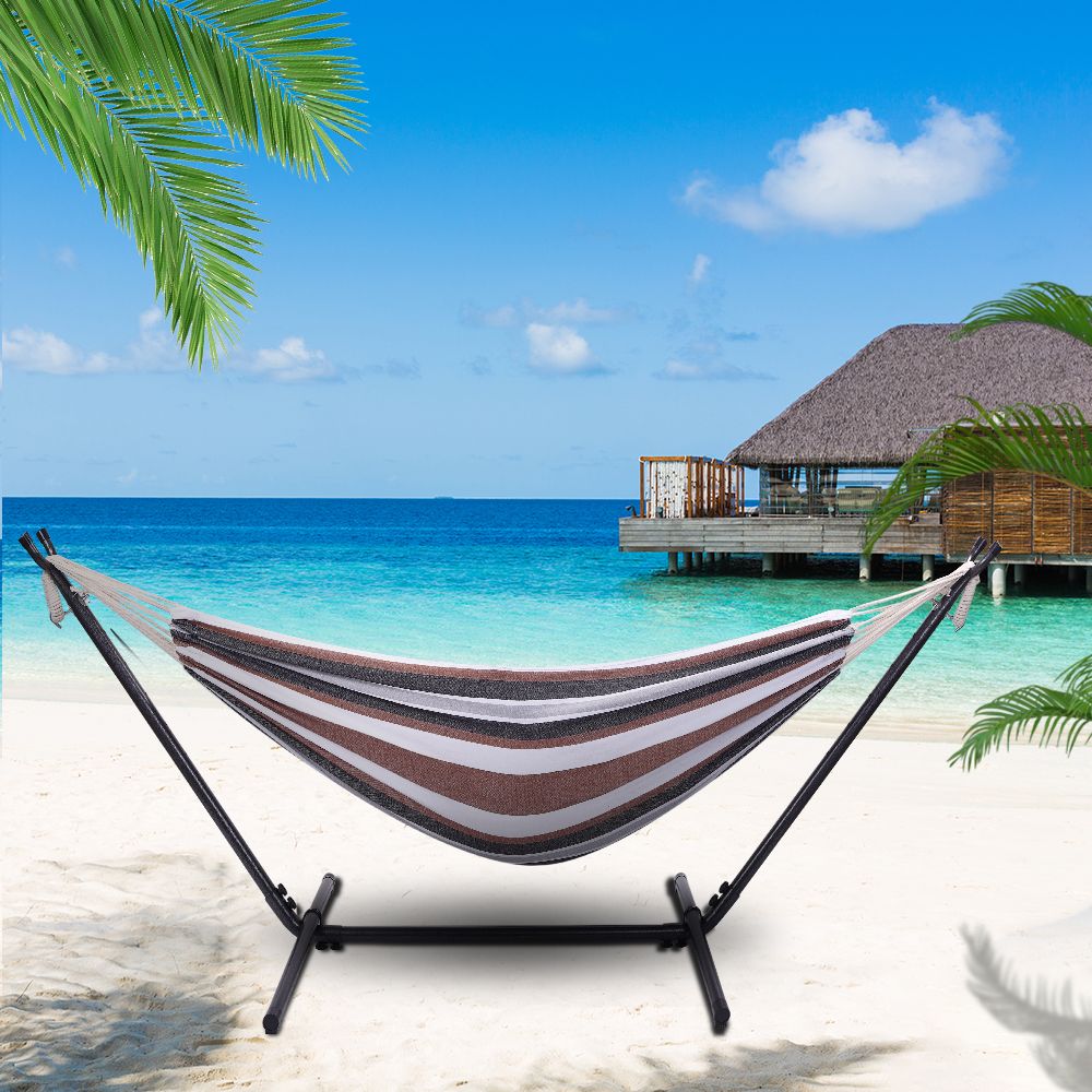 Professional Black & Silver Flowers Hammock Stand with Polyester Coffee Stripe Hammock