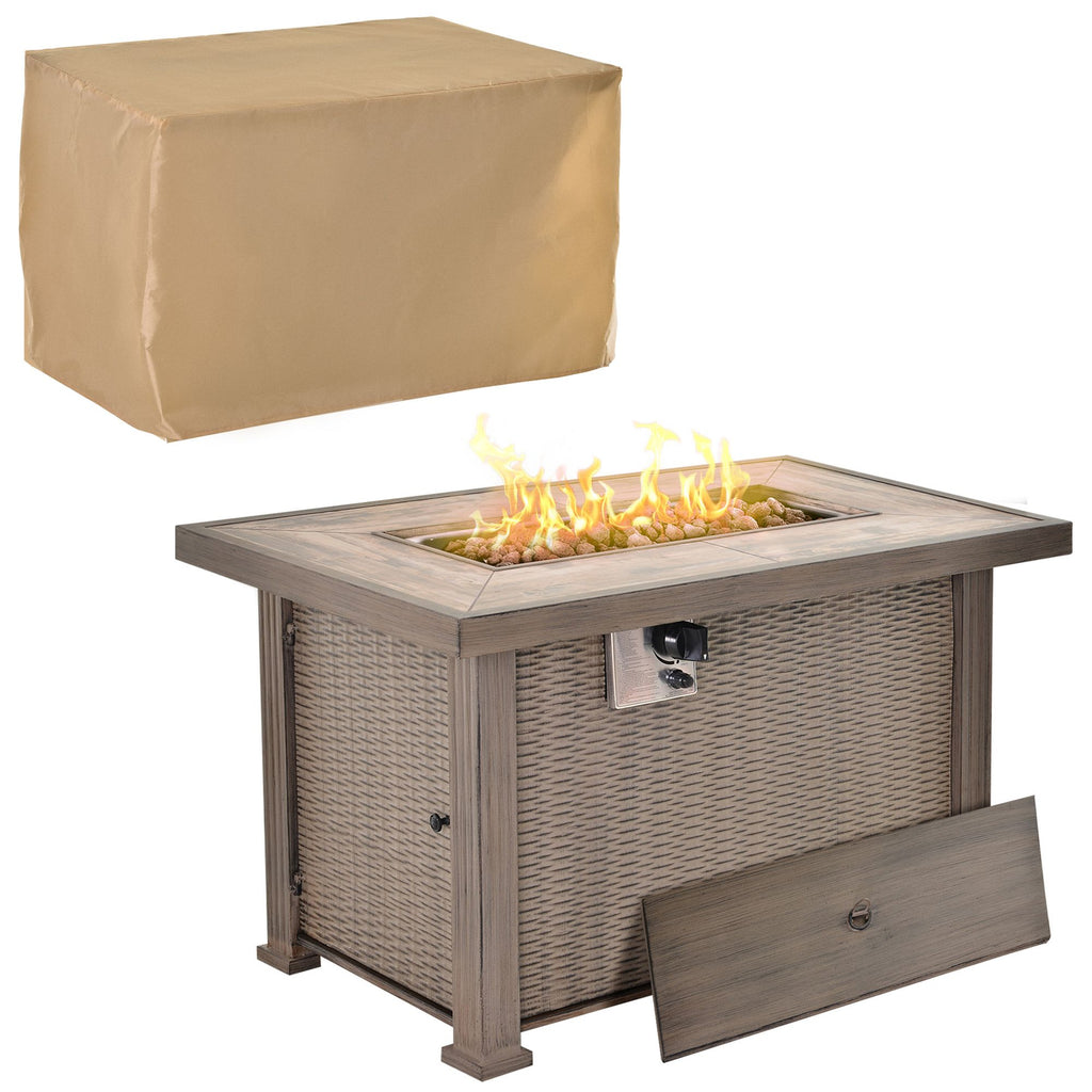 Propane Fire Pit Table, 30,000 BTU 42" Wicker-Effect Gas Fire Table, Auto-Ignition Rectangular Outdoor Firepit with Lid, Ceramic Tabletop, Lava Rocks and Rain Cover, CSA Certification, Gray