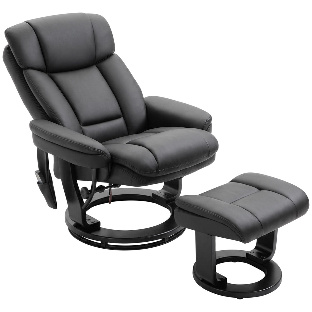 PU Leather Massage Recliner Chair with Ottoman, 10-Point Vibration, Swivel Armchair, Black