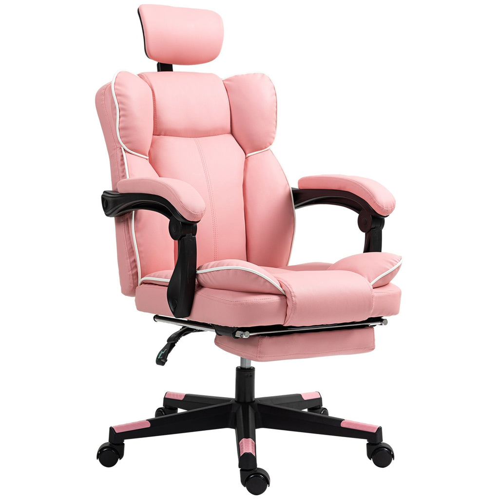 PU Leather Office Chair, Executive Desk Chair with Headrest, Foot Rest, Swivel Wheels, Reclining Computer Chair, Pink