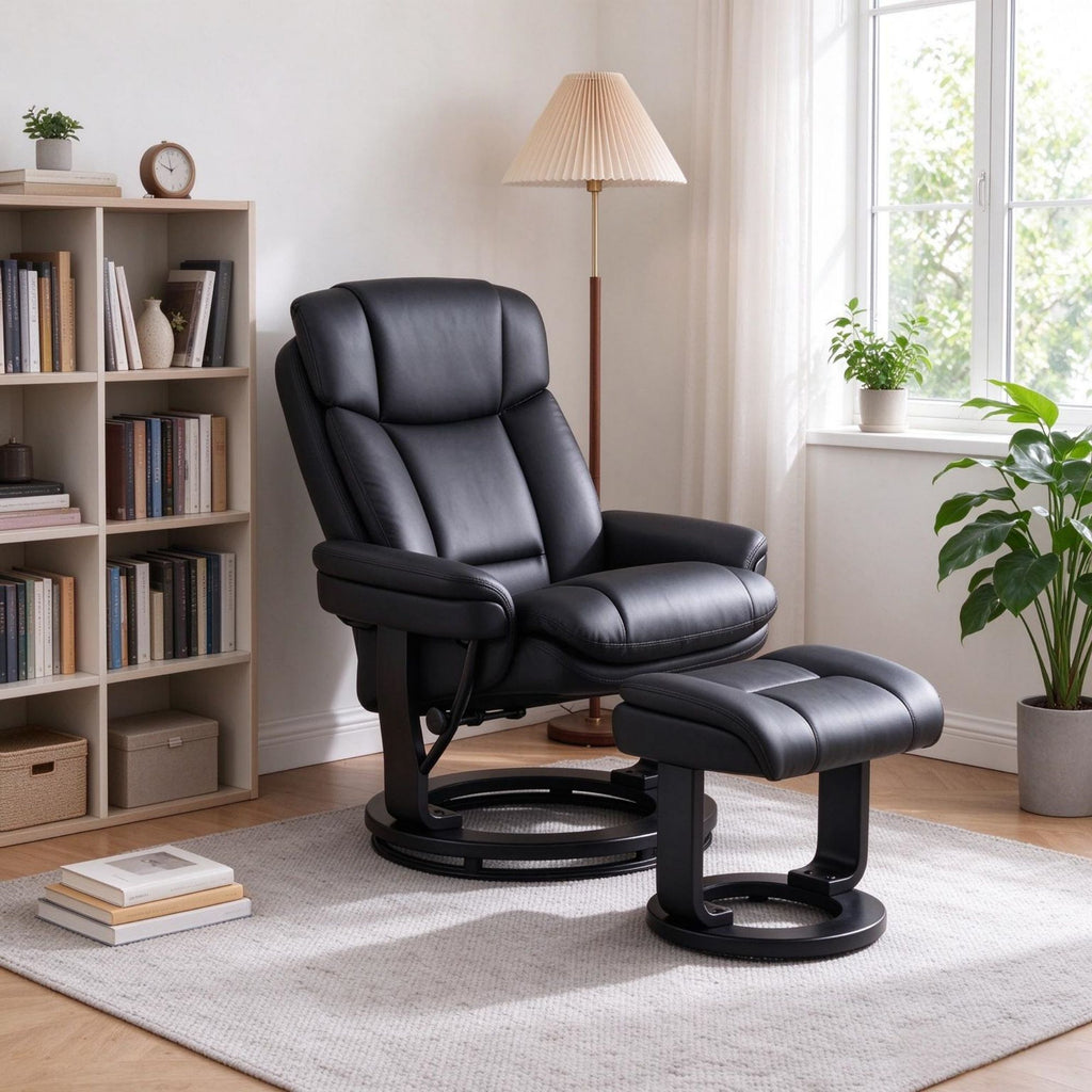 PU Leather Recliner Chair with Ottoman, 10-Point Vibration Massage & Swivel Armchair, Black