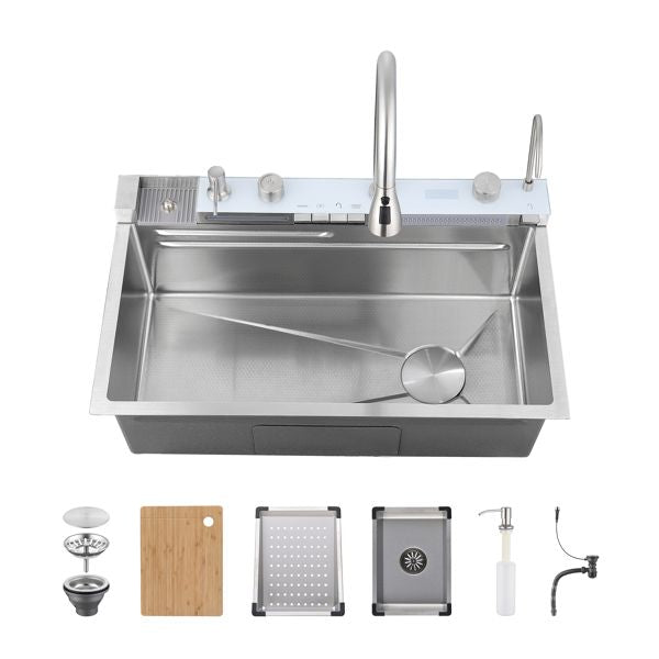 Pull-out Facuet Single Bowl Sink Kitchen Vegetable Sink 304 Whale Waterfall Sink Dish Sink Household Vegetable Washing Basin, Dark Gray[Unable to ship on weekends,usps/fedex]