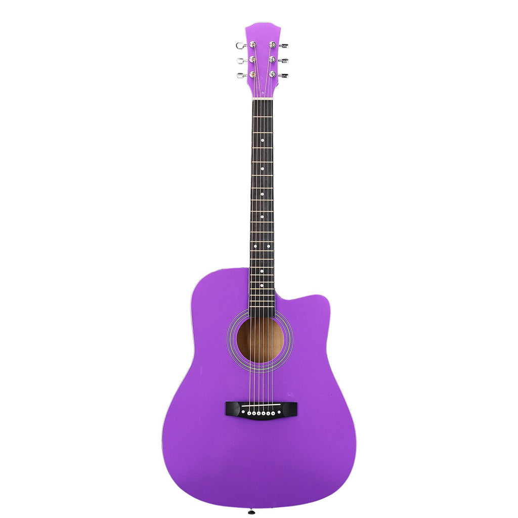 Purple 41-inch Dreadnought barrel-shaped cutaway acoustic guitar with pick, strings, capo, gig bag, tuner, wrench tool, and shoulder strap
