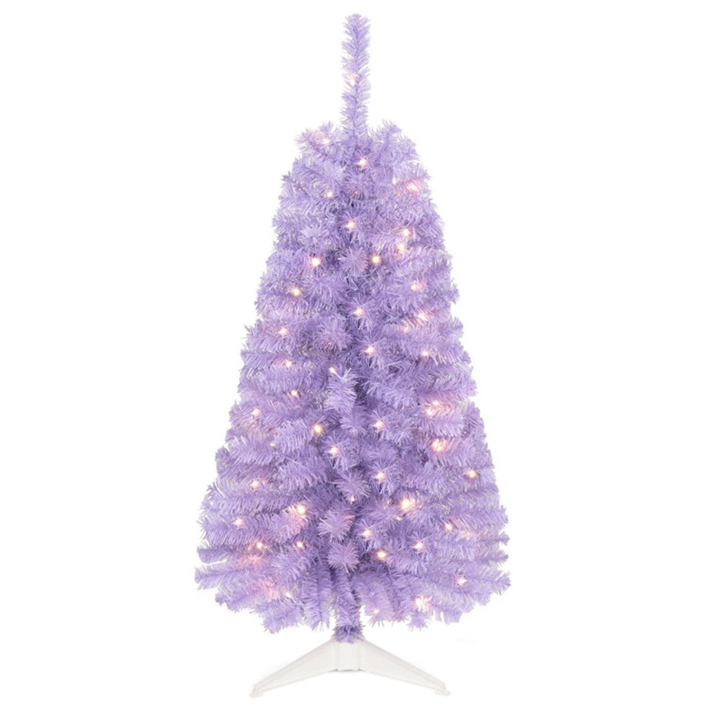 Purple Small Pre Lit 4 Foot Christmas Tree with 50 Warm White LED, Flame Retardant PVC Foliage, Halloween & Christmas Home Decor