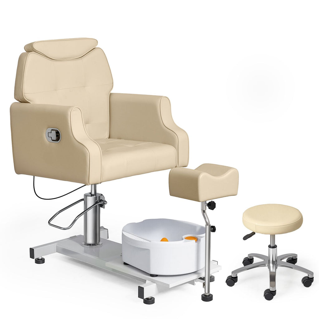 PVC Iron Frame Manual Reclining Pedicure Chair with Stool & Basin, Sand Color