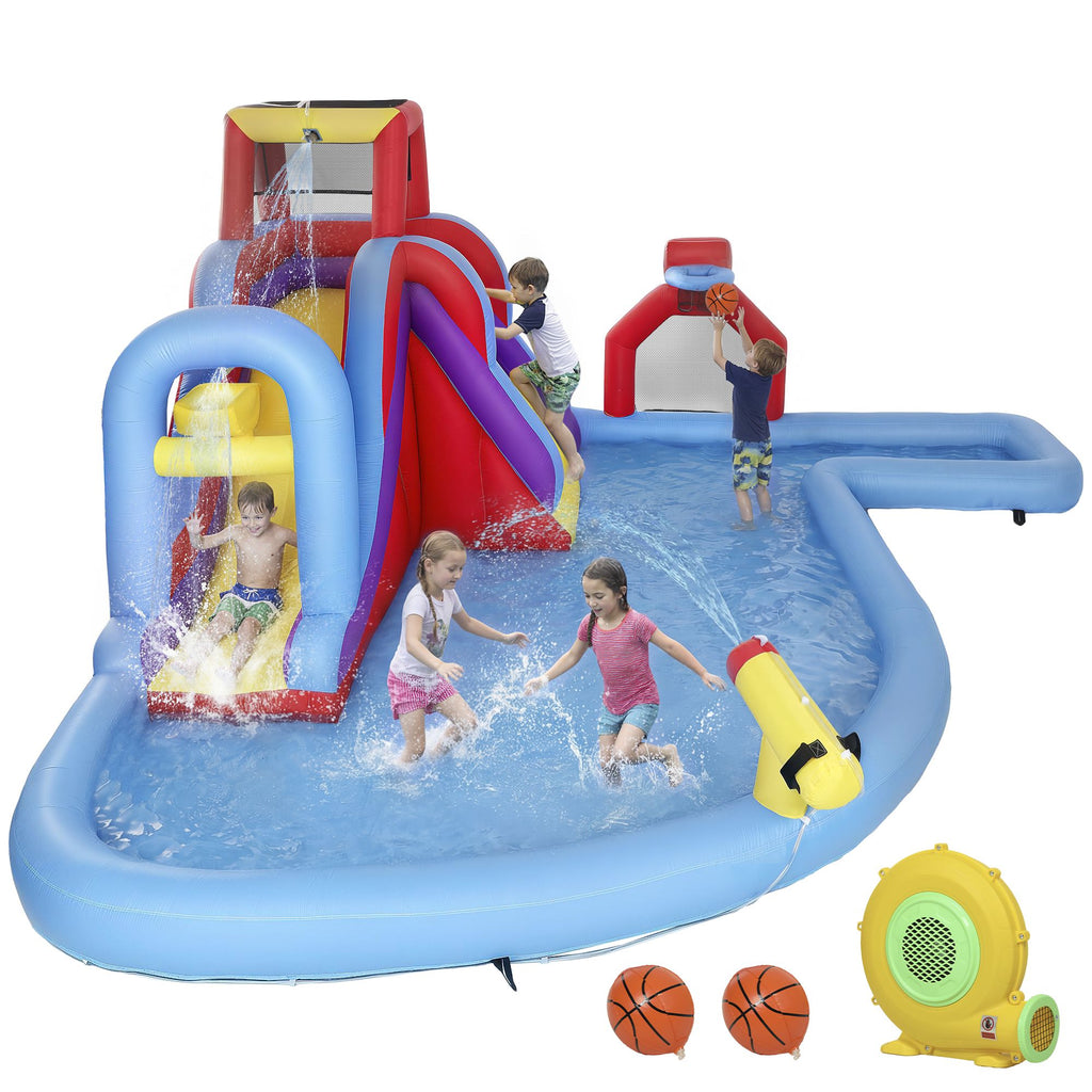 Qaba Inflatable Water Slide 6 in 1 with 480W Blower, Bounce House with Climbing Wall, Splashing Pool, Basketball Hoop