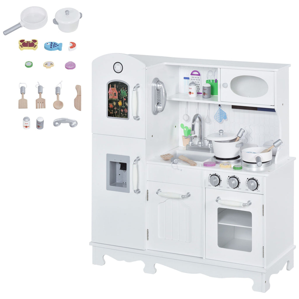 Large Kids Kitchen Set, Pretend Wooden Cooking Toy Set with Telephone, Water Dispenser Simulation Cooking Set, for Age 3 Years, White