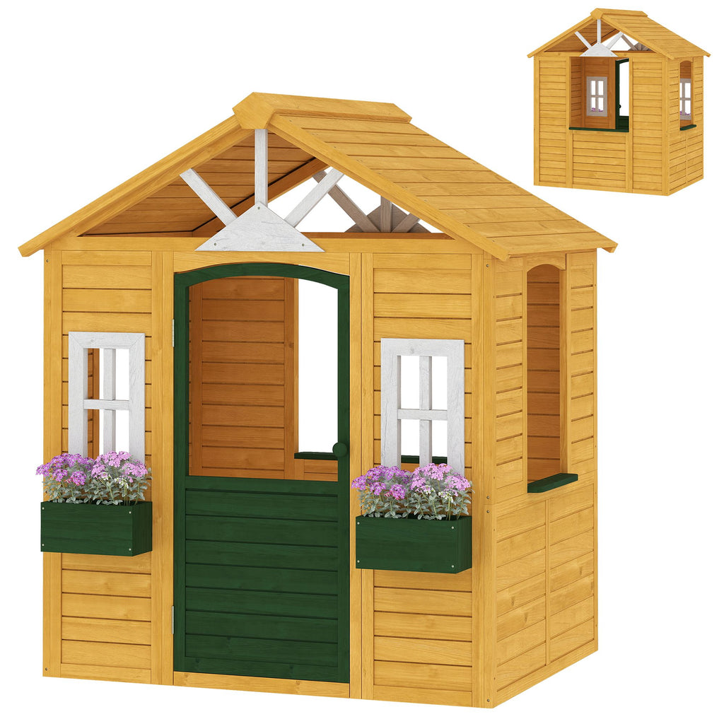 Qaba Outdoor Playhouse, Wooden Kids Playhouse with Door, 3 Windows, 2 Flower Boxes for Garden, Indoor Playroom, Ages 3â€'8
