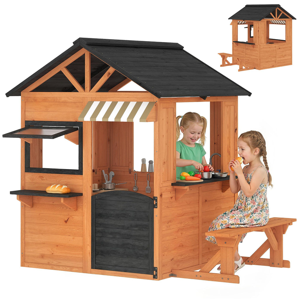 Qaba Wooden Kids Playhouse with Play Kitchen, Picnic Bench, Serving Station, Windows and Door for Backyard, Ages 3â€'8, Brown