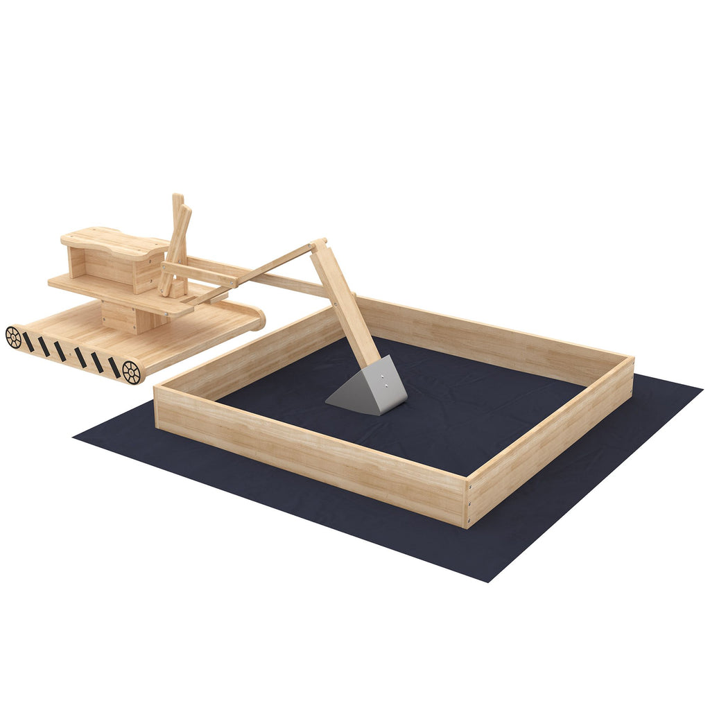 Qaba Wooden Sandbox with Digger, Kids Sandbox with 360Â° Rotating Seat & Bottom Liner, 72" x 35" x 22"