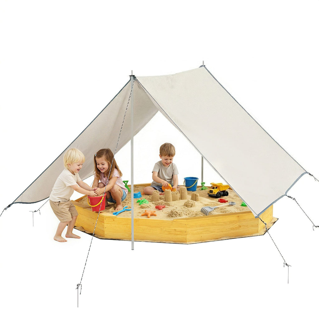 Qaba Wooden Sandbox with Large Canopy, Outdoor Sand Box with 4 Bench Seats, Bottom Liner for 8 Kids Aged 3-8, Yellow
