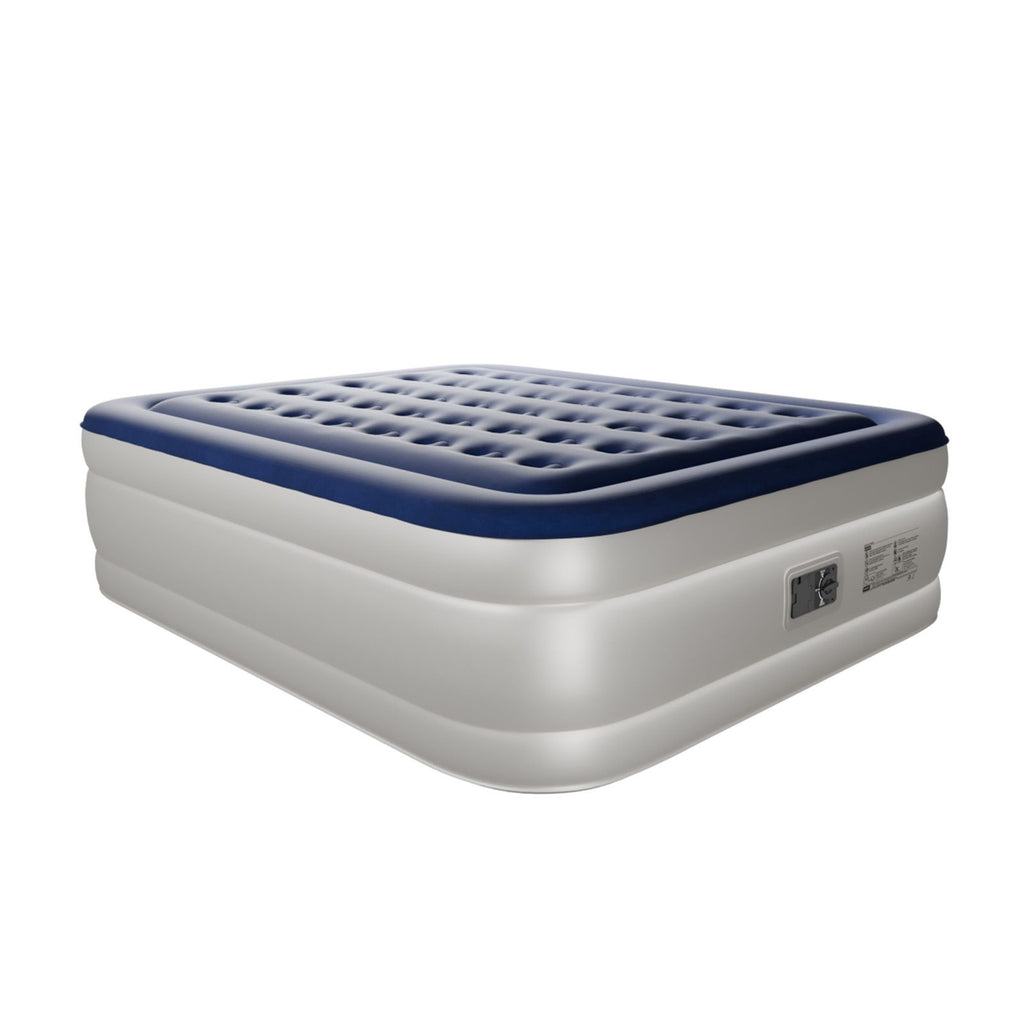 Queen Air Mattress with Built-in Pump, 18in Raised Comfort Blow up Mattress, Quick Inflation/Deflation Inflatable Mattress for Home Guests Camping, Blue & White