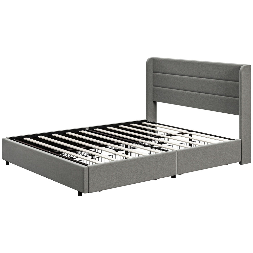Queen Bed Frame with Storage Drawers, Queen Size Bed Base with Headboard, Wood Slats, Noise-Free, Light Gray