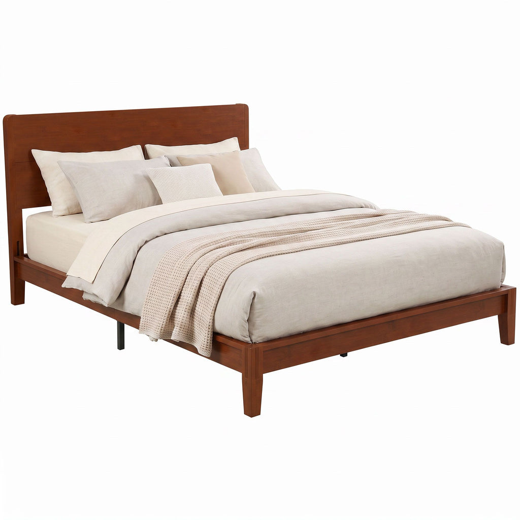 Queen Size Bamboo Platform Bed Frame with Headboard and 12 Poplar Slats, No Box Spring Needed, Easy Assembly, Brown