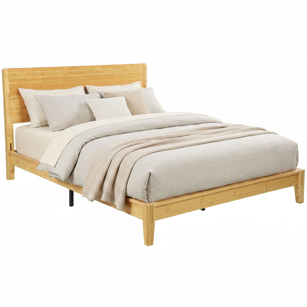 Queen Size Bamboo Platform Bed Frame with Headboard and 12 Poplar Slats, No Box Spring Needed, Easy Assembly, Natural