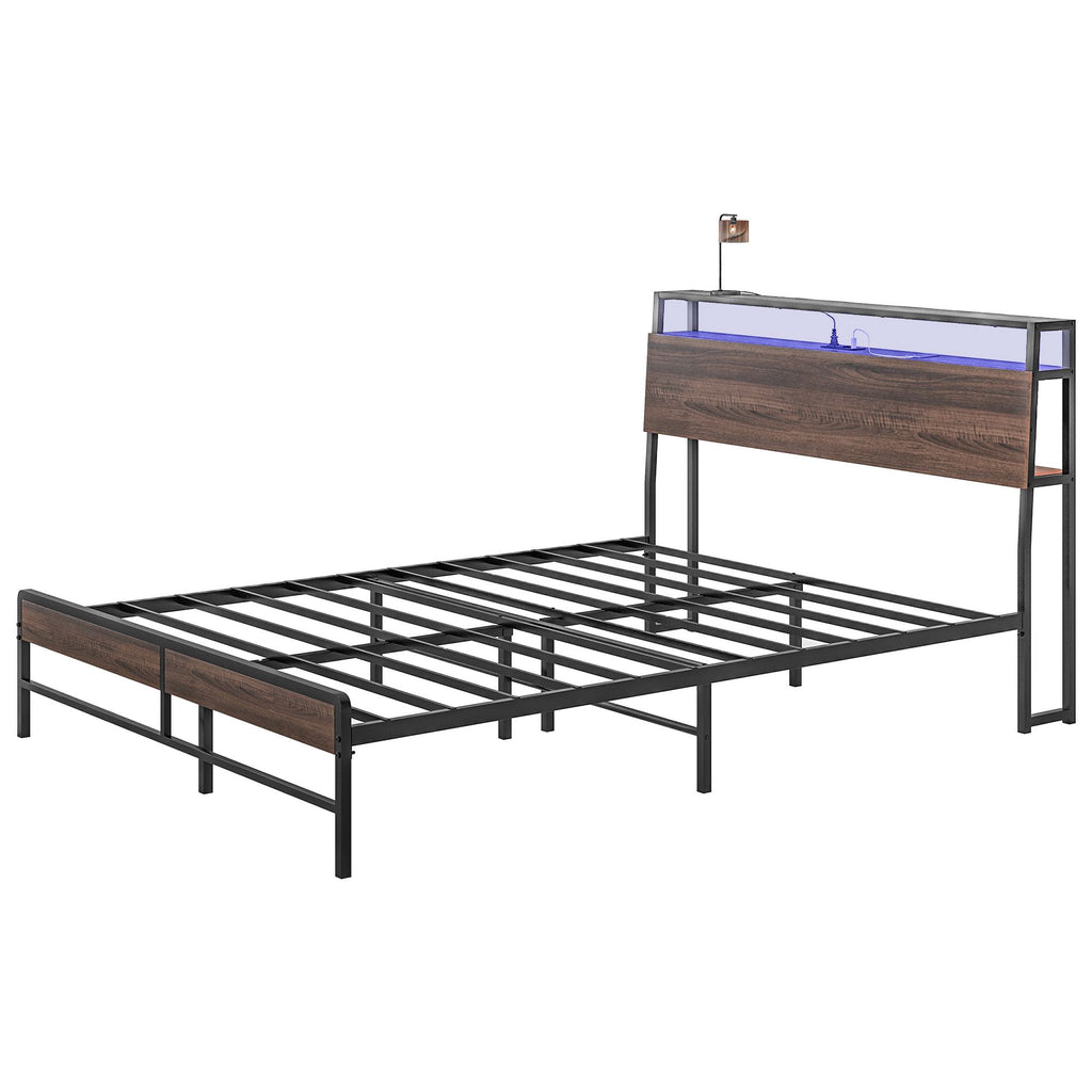 Queen Size Bed Frame with LED Lights and Charging Station, Queen Bed Frame with Storage Headboard, Noise-Free, Walnut