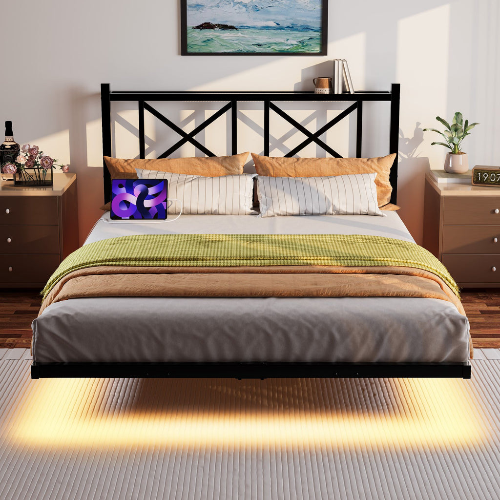 Queen Size Floating Bed Frame with Headboard and Storage, Full Size Platform Bed Frame with USB Charging Station and LED Lights, Heavy Duty Steel Slats, Easy Assembly, Black