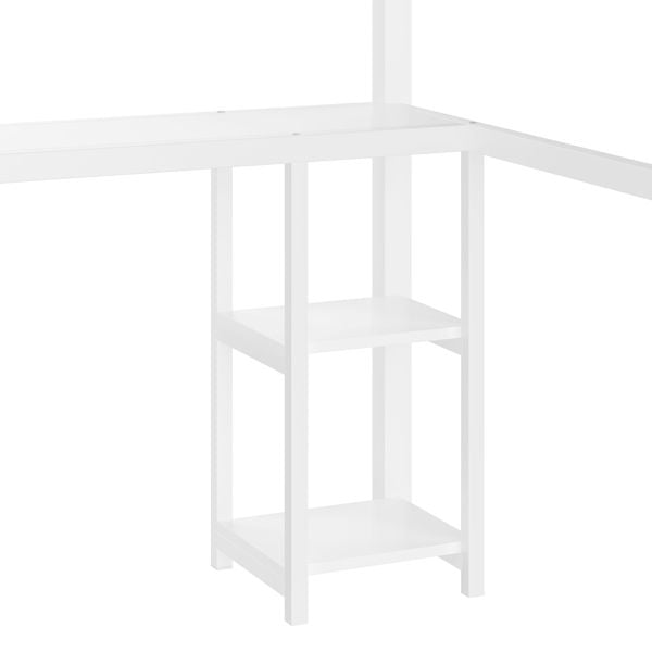 Queen Size Loft Bed Frame with Built-in Wardrobe, Metal Loft Bed with Desk and Storage Shelves, White