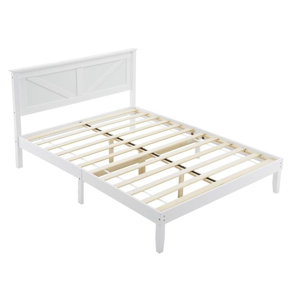 Queen Size Solid Wood Platform Bed Frame with Headboard White