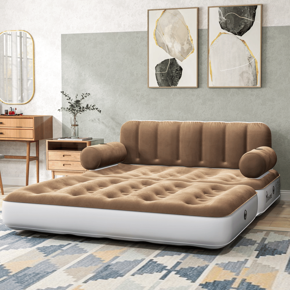 QueenAirSofa Bed Mattress with Headboard & PumpforHomeCamping Guests, Khaki