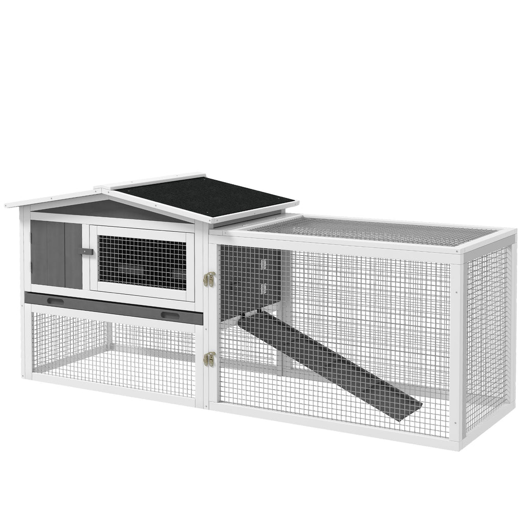Rabbit Cage Outdoor, 2 Levels Bunny Hutch Outdoor Rabbit Pen w Slide Out Tray Detachable Run Small Animal House Light Grey