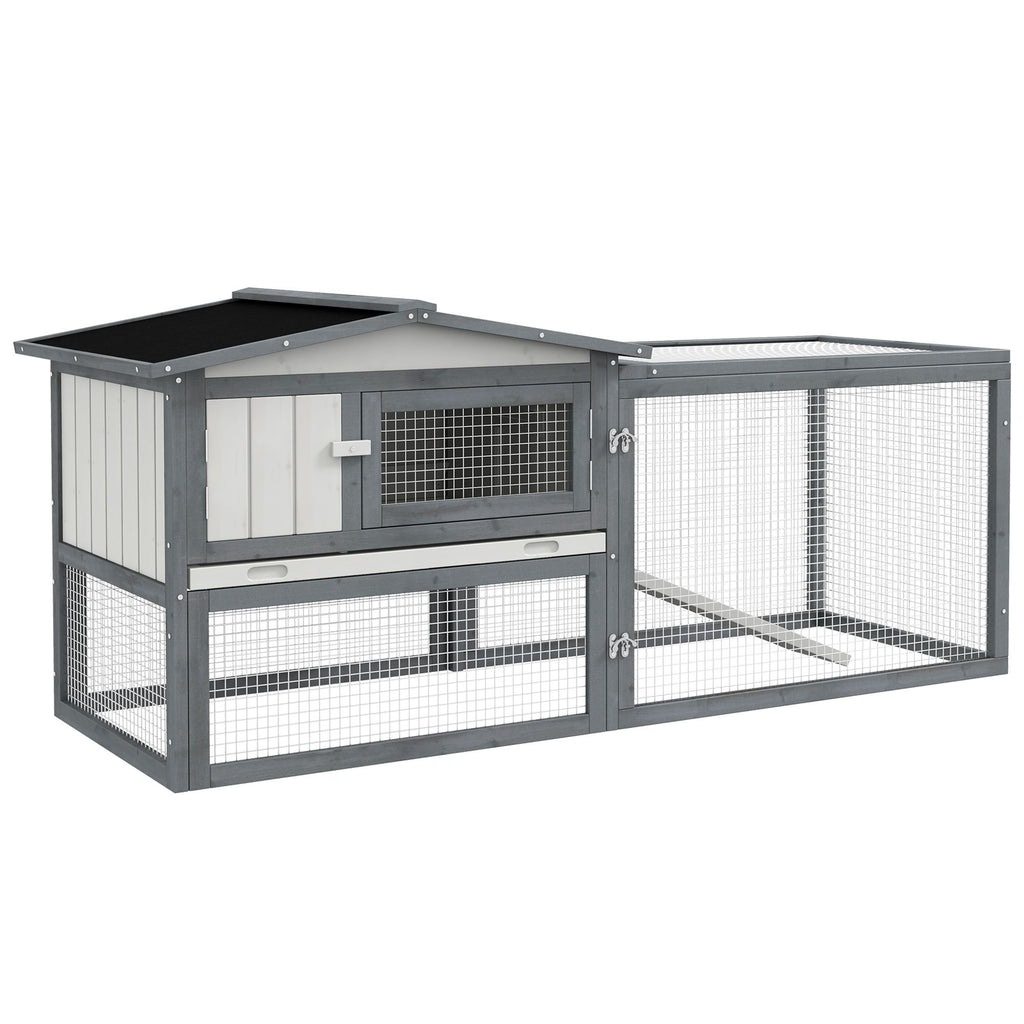 Rabbit Cage Outdoor, Spacious Outdoor Rabbit Hutch 61" Guinea Pig Cage with Run Feeding Trough Asphalt Roof White