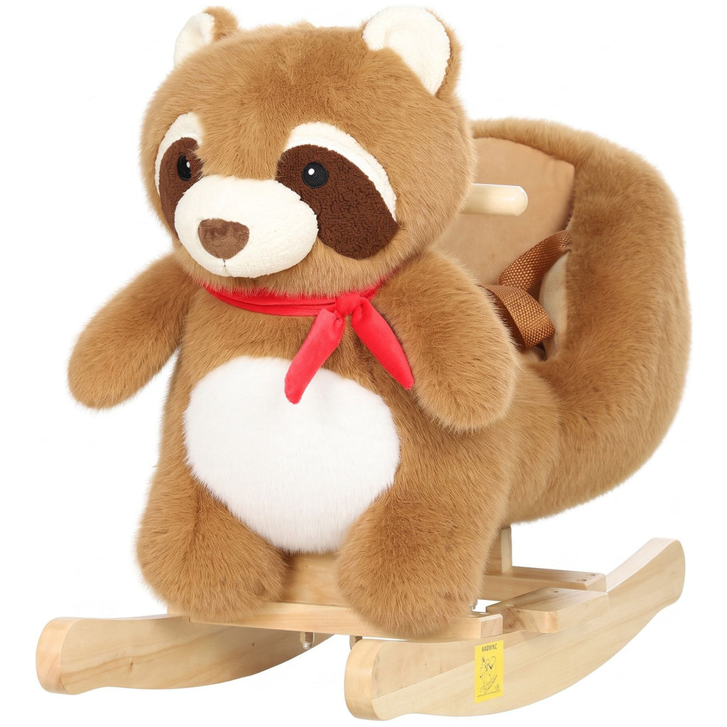 Raccoon Baby Rocking Horse, Kids Plush Ride-On Toy with Realistic Sounds and Safety Belt, Brown