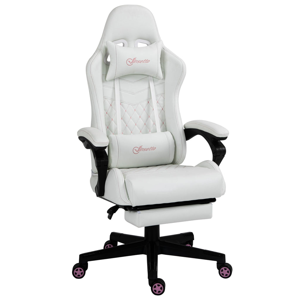 Racing Gaming Chair White PU Leather Comfort Swivel Wheel Retractable Footrest