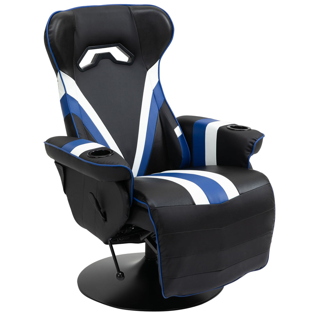 Racing Style Reclining Gaming Chair, Computer Reclining Chair with Lumbar Support, Footrest and Cup Holder, Black/White/Blue