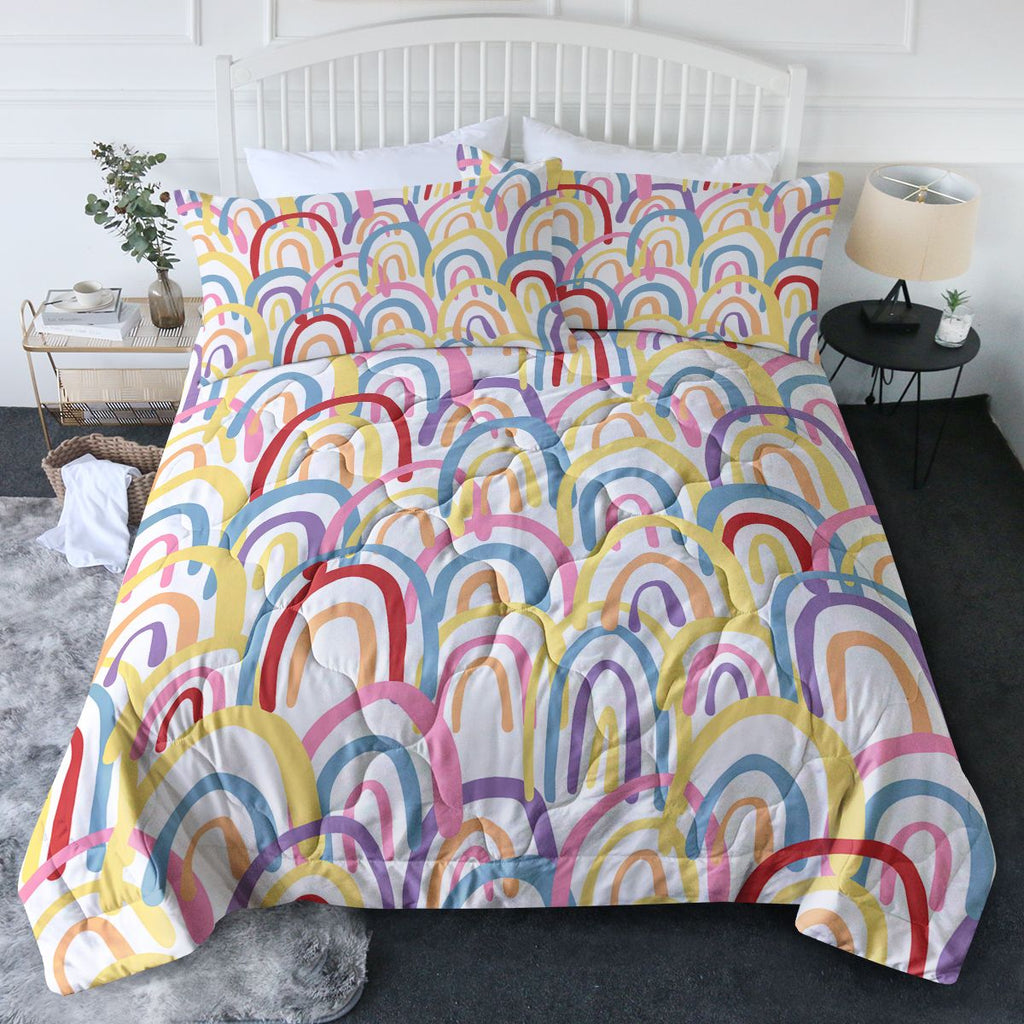 Rainbow Comforter Set Queen Size, Pink Comforter Bedding Set Yellow Sun Red Flower, 3 Piece, 1 Comforter (90\"x90\") and 2 Pillow Shams (20\"x36\")