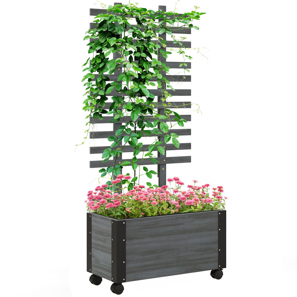 Raised Garden Bed Portable on Wheels, Gray Wooden, Outdoor with Trellis & Metal Corners