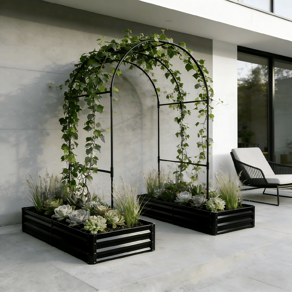 Raised Garden Bed with Arch Trellis, 2 Pack Metal Planter Boxes with Garden Arch, Outdoor Garden Planter for Climbing Plants Vegetables Flowers