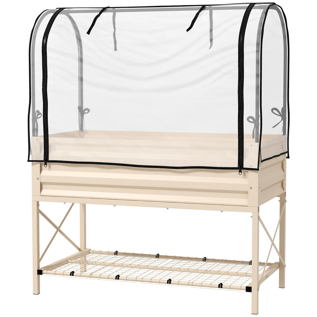 Raised Garden Bed with Legs and Cover Metal Elevated Planter Box with Bottom Shelf and Liner Cream