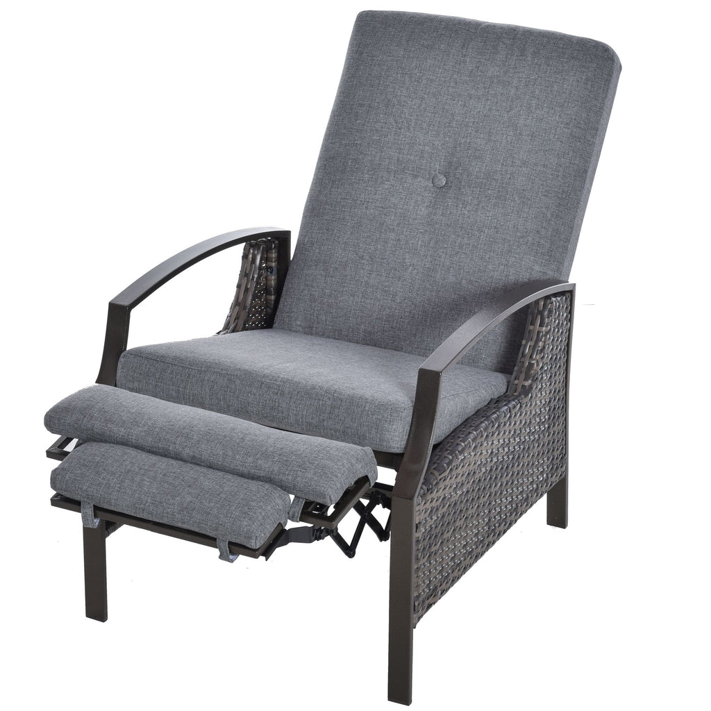 Rattan Adjustable Recliner Chair with Cushion Grey for Outdoor Relaxation