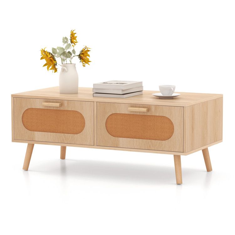 Rattan Coffee Table Mid Century Modern Center Table with 2 Storage Drawers