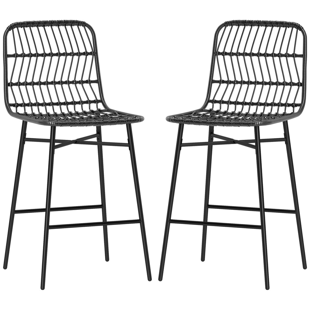 Rattan Counter Bar Stools Set of 2, 26" Counter Height Barstools with Back, Bar Chairs for Kitchen Island, Black