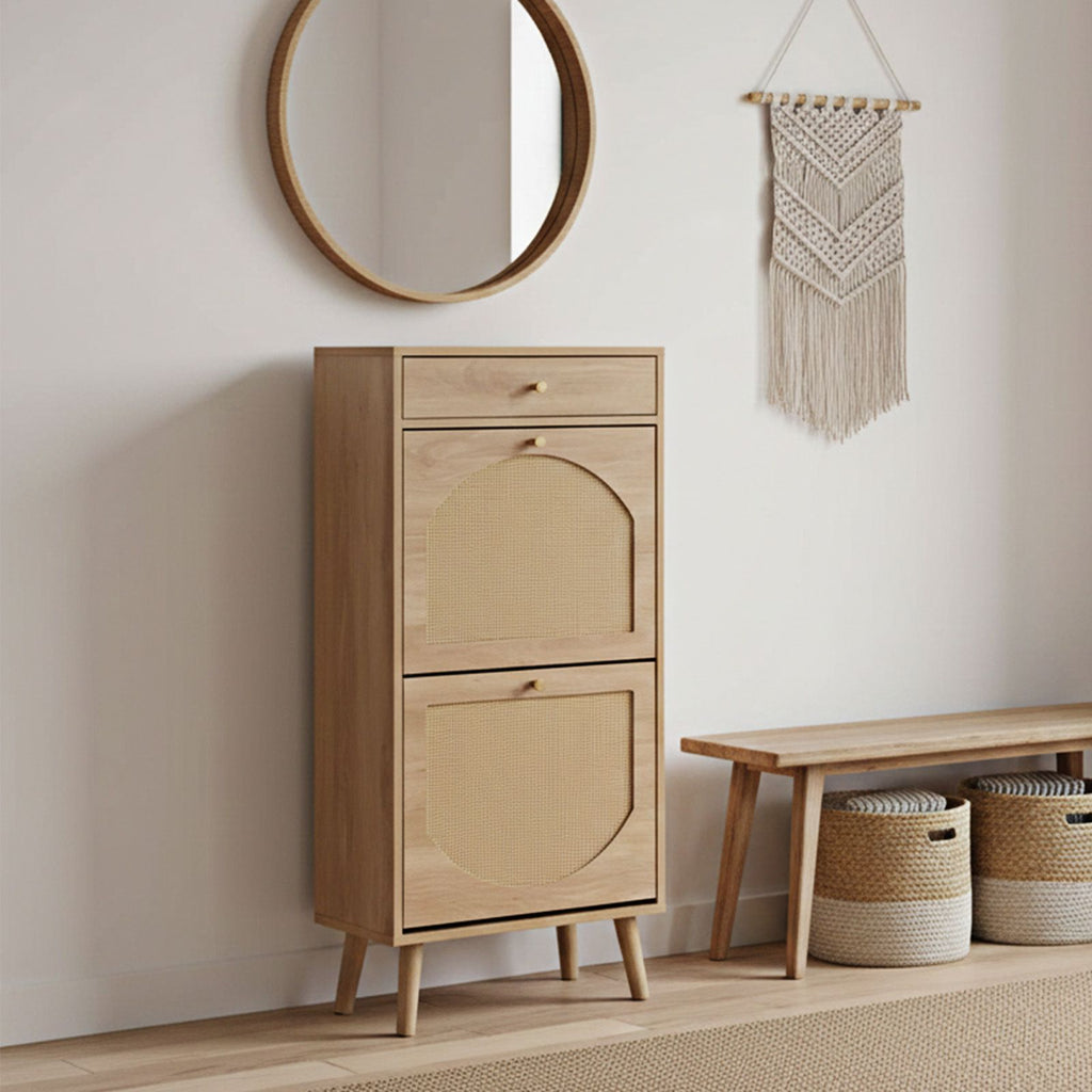 Rattan-covered shoe cabinet with 1 drawer and 2 flip-top drawers, made of particleboard, 54*24*110cm, natural wood color