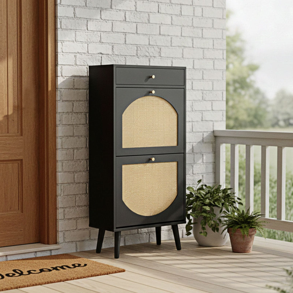 Rattan-front shoe cabinet with 1 drawer and 2 flip-down compartments, particleboard, 54*24*110cm, black