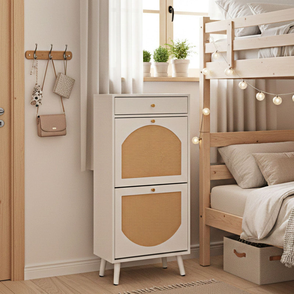 Rattan-front shoe cabinet with 1 drawer and 2 flip-down compartments, particleboard, 54*24*110cm, white