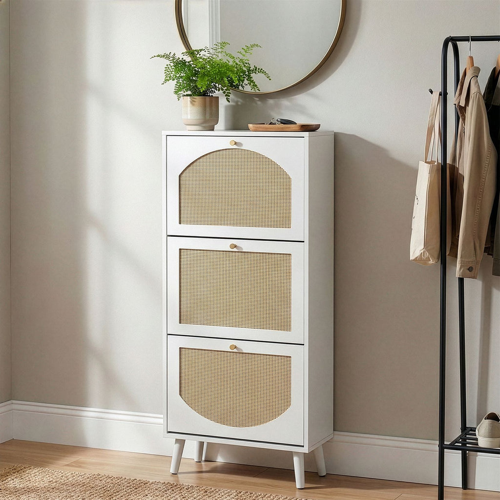 Rattan-fronted 3-tier shoe cabinet, particleboard, 54*24*135 cm, white