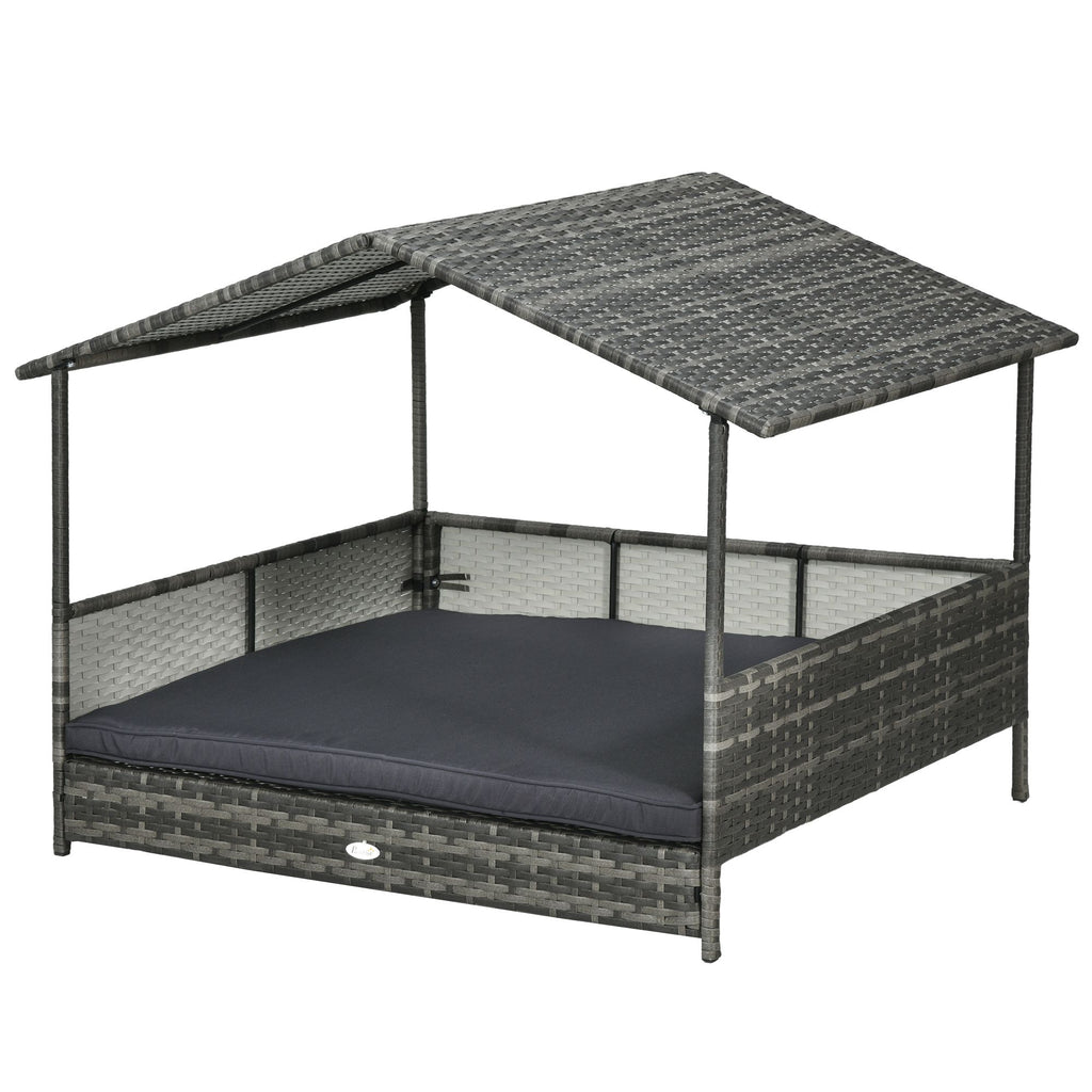 Rattan Outdoor Dog Bed with Canopy Soft Cushion Removable Cover Medium Large Dogs Gray
