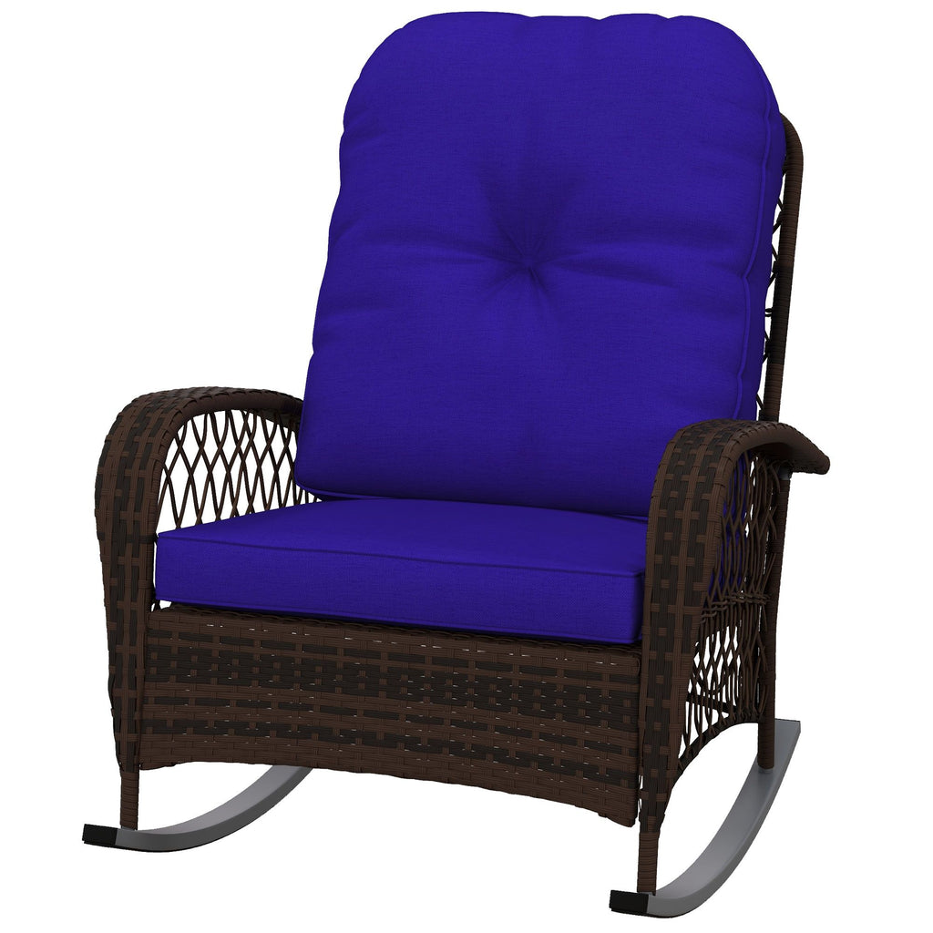 Rattan Rocking Chair, Outdoor Wicker Rocker with Cushion, Steel Frame for Patio, Garden, Backyard, Dark Blue